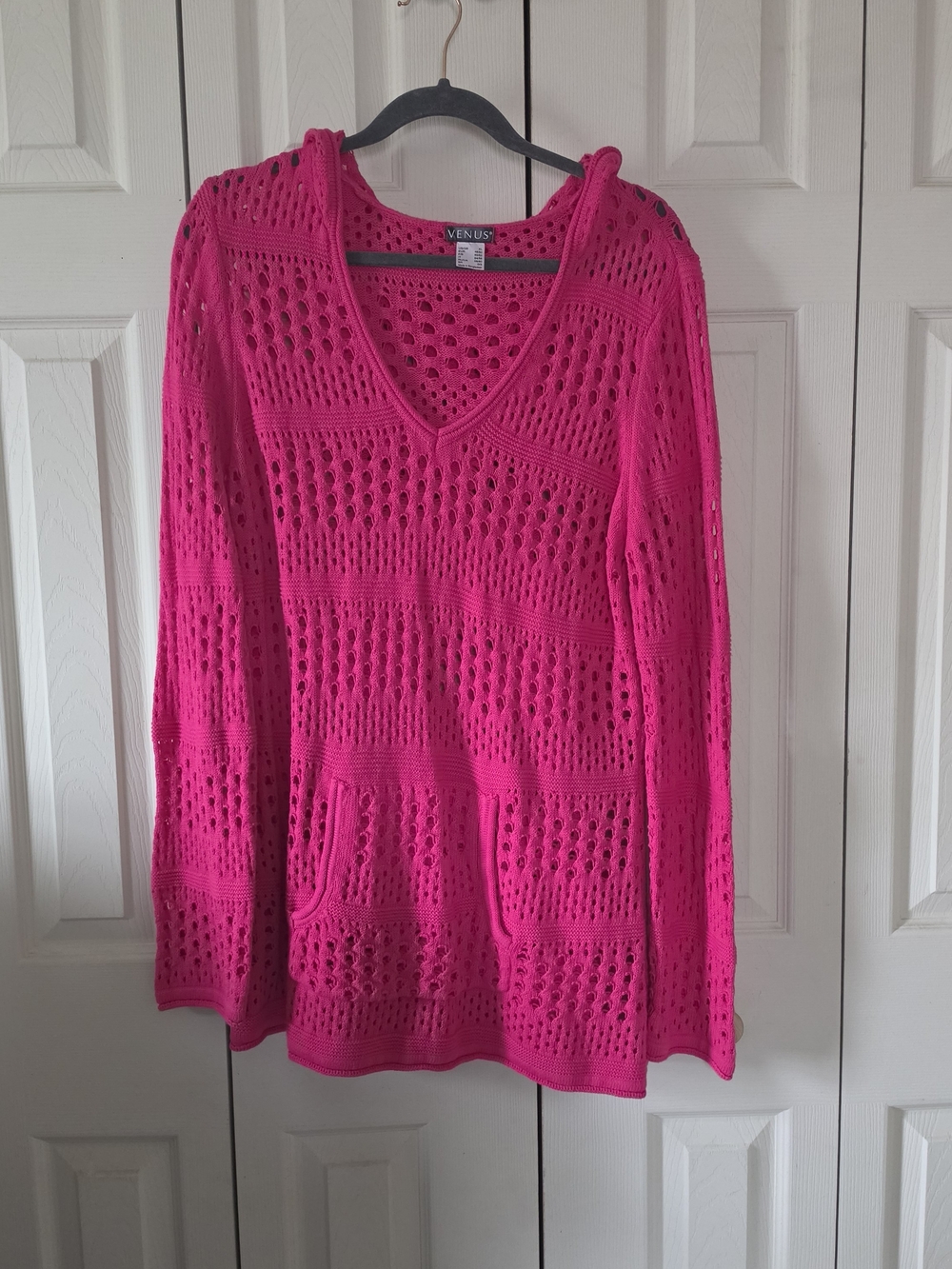 Venus Hot Pink Crochet Knit Hooded Pullover